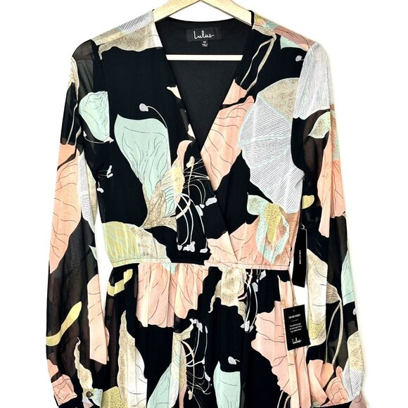 Lulus Womens Dress Floral Maxi Long Sleeve Wondrous Water Lilies Black Medium - Picture 3 of 11